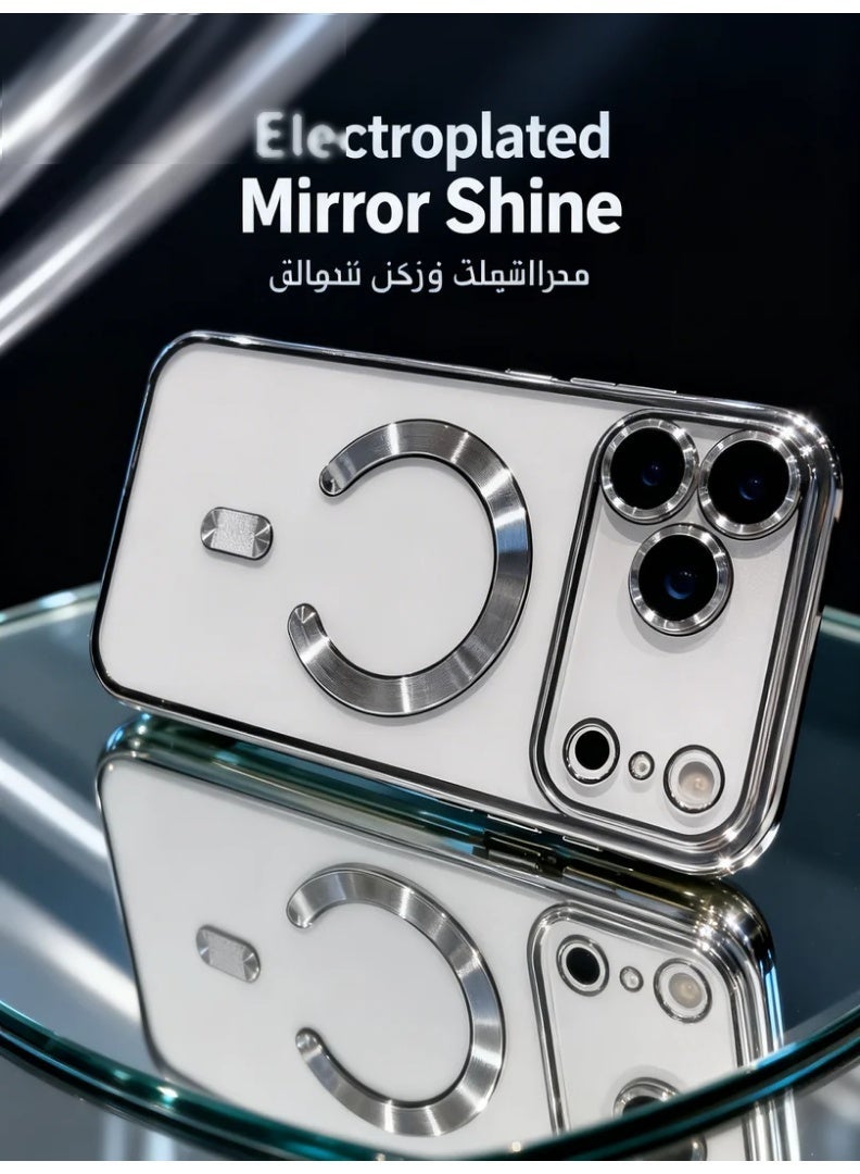 Magnetic Phone Case for iPhone 17 Pro Max with Transparent Silver Electroplated Frame, Clear Shockproof Soft TPU Protective Cover, Built-In Camera Lens Protection, Strong Magnetic Ring Compatible with Magnetic Charging, Anti-Drop Full Coverage Phone Case with Elegant Silver Finish